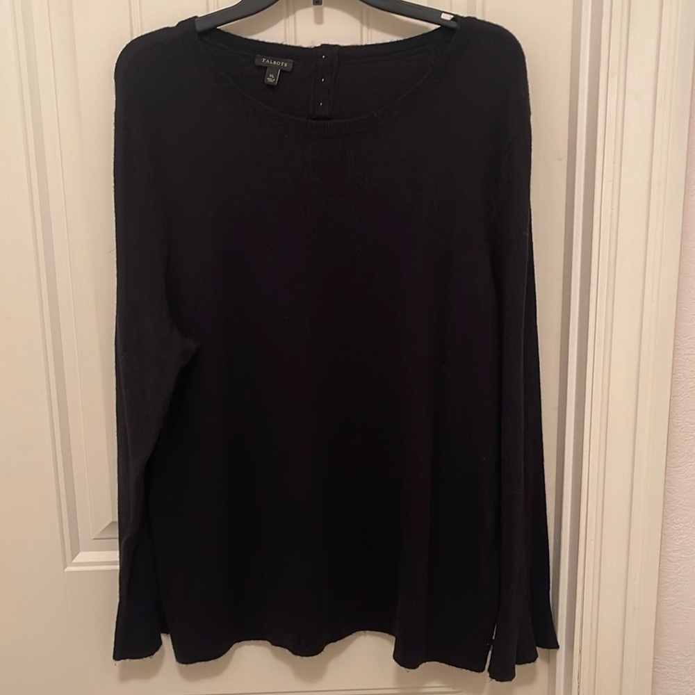 Talbots Pullover 3 button Lambswool blend Sweater Women’s Sz XL Black bell cuffs